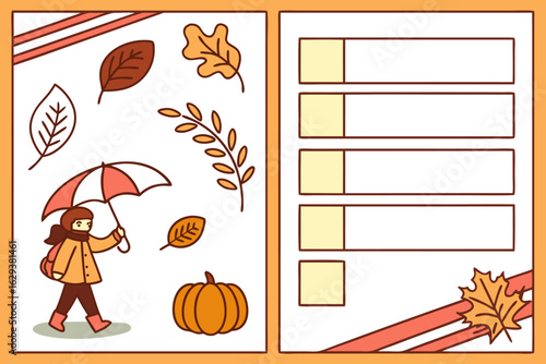 Charming autumn scene with a girl under an umbrella and a checklist template featuring fall elements and decorative ribbons