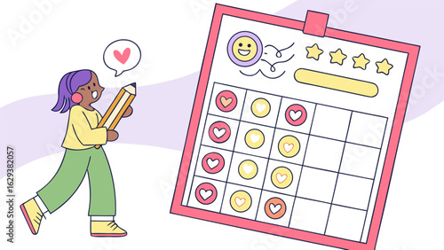 A cheerful girl with purple hair and headphones holds a pencil marking a calendar filled with hearts and smiley faces symbolizing progress and positive achievements