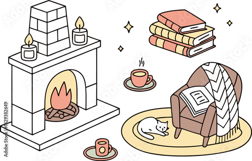 Cozy hygge scene featuring a fireplace armchair with blanket books coffee cups and a relaxing cat