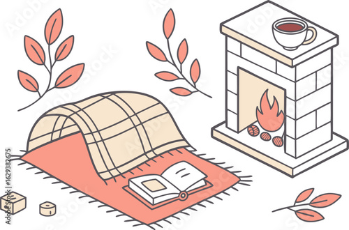 Cozy autumn scene with a fireplace a blanket fort a book and fallen leaves perfect for a relaxing hygge lifestyle