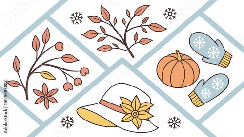 Cozy autumn and winter elements featuring pumpkins mittens hats and seasonal foliage on a geometric background