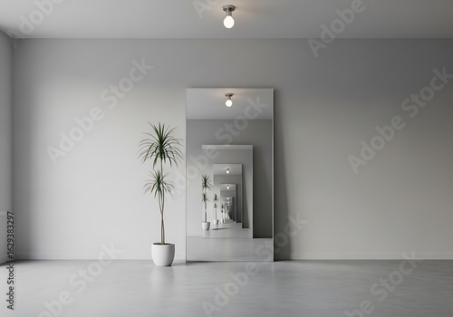 Minimalist interior with mirror reflecting infinite repetition of hallway and plant