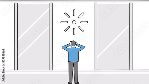 Person covering ears looking at a symbol in a window with multiple panes in a light filled room