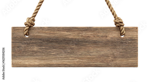 Blank wooden signboard hanging by rope on white background. 