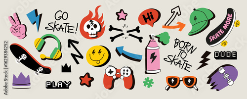 Skateboard badges, stickers. Vector illustrations with skateboards, smiley faces, lightning bolts, game controllers, peace signs, sunglasses, and more. Perfect for streetwear, youth designs