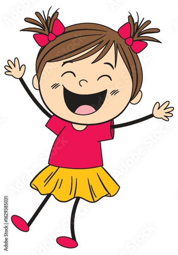 Joyful Cartoon Girl with Pigtails and Bright Outfit