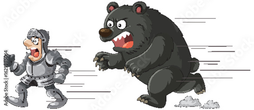 Knight Fleeing from Charging Bear in Cartoon Style