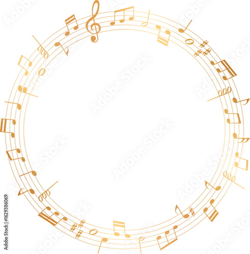 gold colored vector sheet music round frame - musical notes melody