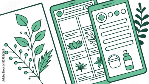 Digital health and wellness app showcasing natural remedies and plant based treatments on a mobile device with botanical illustrations
