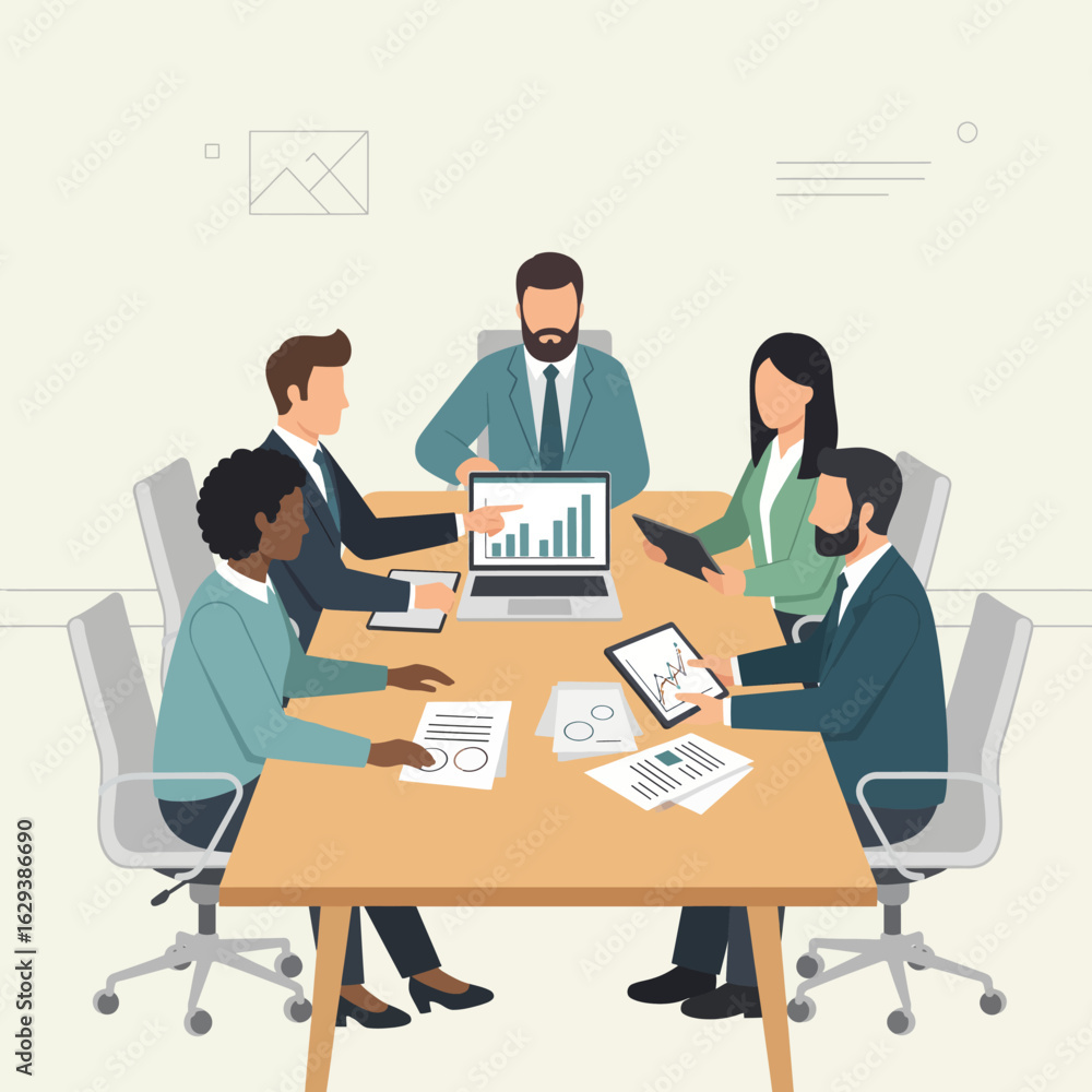 Obraz premium Diverse business team seated around a table, engaged in a collaborative meeting, reviewing data and documents.