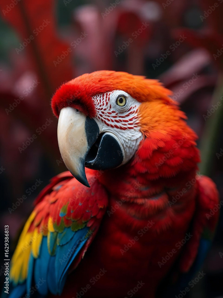 Fototapeta premium Extreme close-up of a scarlet macaw with vivid red