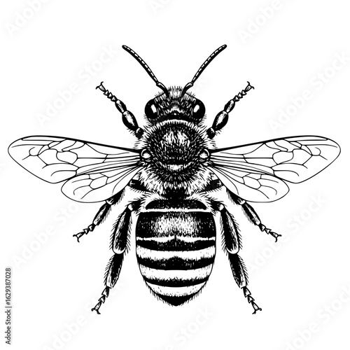 A detailed black and white illustration of a bee with wings spread on a white background in high resolution