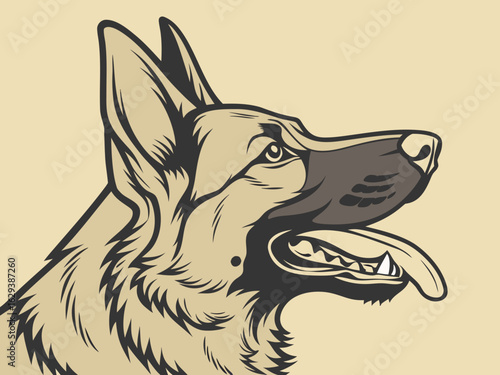 German Shepherd Dog Head Profile Illustration with Open Mouth and Tongue Outward