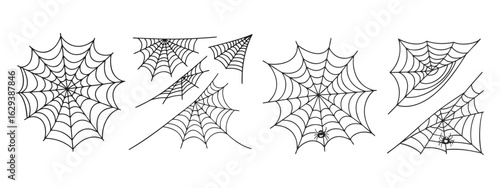 Abstract collection of stylized black and white spider web line art designs