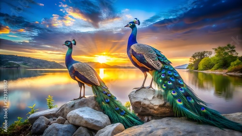 Majestic Peacocks at Sunset by Lake