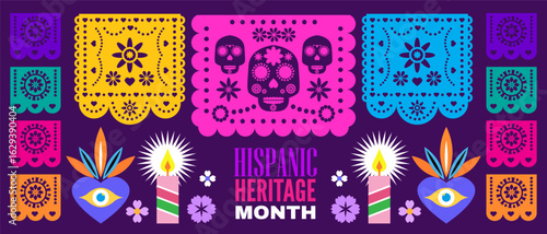 National Hispanic heritage month banner with girl, papel picado, guitar Hispanic and Latino Americans culture, event Celebrate annual october in United States Vector illustration template background