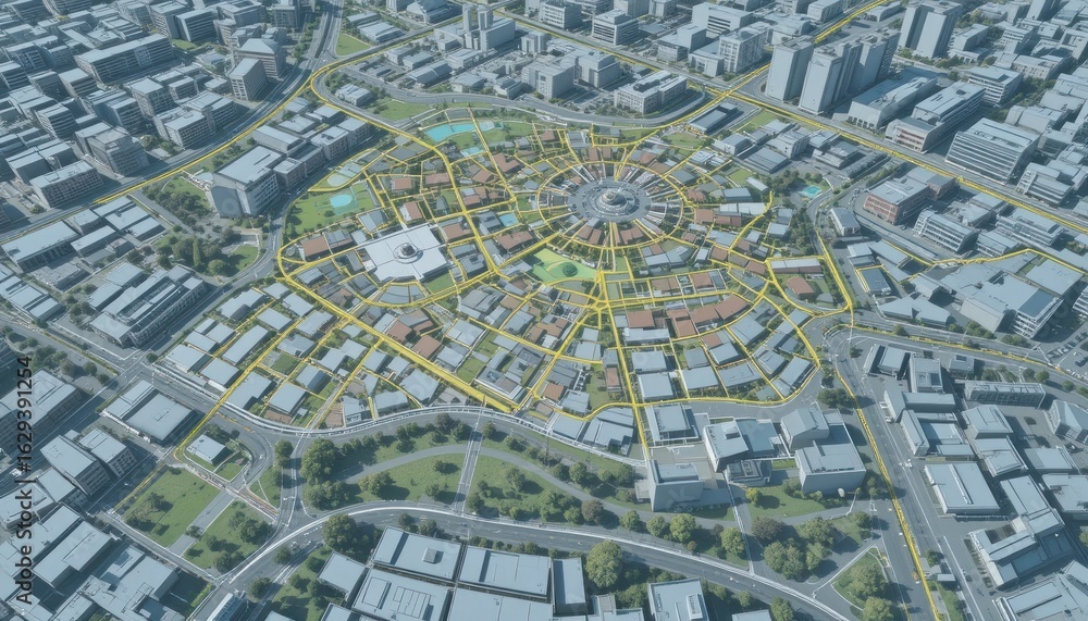 Obraz premium Aerial View of Modern Cityscape with Circular Design