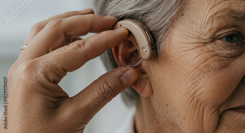 Close-up of an elderly person adjusting a hearing aid device in their ear.