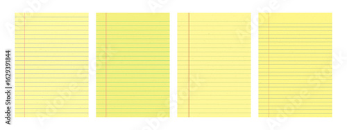 Yellow lined paper sheets set for student and office notes. Template for memo and notes.