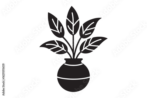 Black silhouette of a potted plant isolated on a white background 