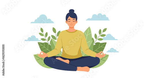 Woman meditating in lotus pose outdoors for mindfulness and relaxation. Vector illustration of a calm person in nature.