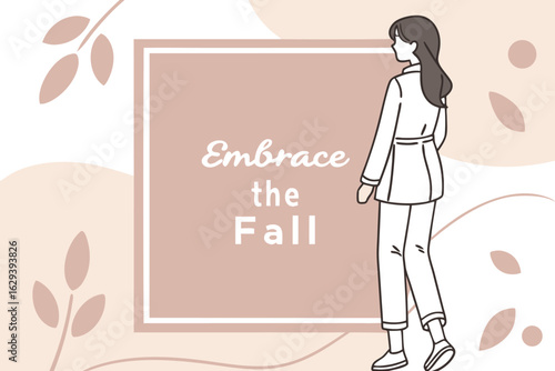 Embrace the fall with a stylish woman dressed in a chic outfit set against a soft muted background with abstract leaf motifs