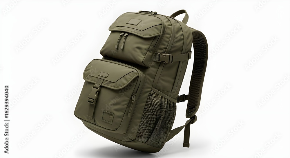 Naklejka premium A close-up studio shot of a rugged, olive-green backpack, showcasing its compartments and straps.