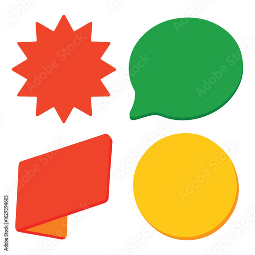 Four colorful geometric shapes and speech bubble icons.eps