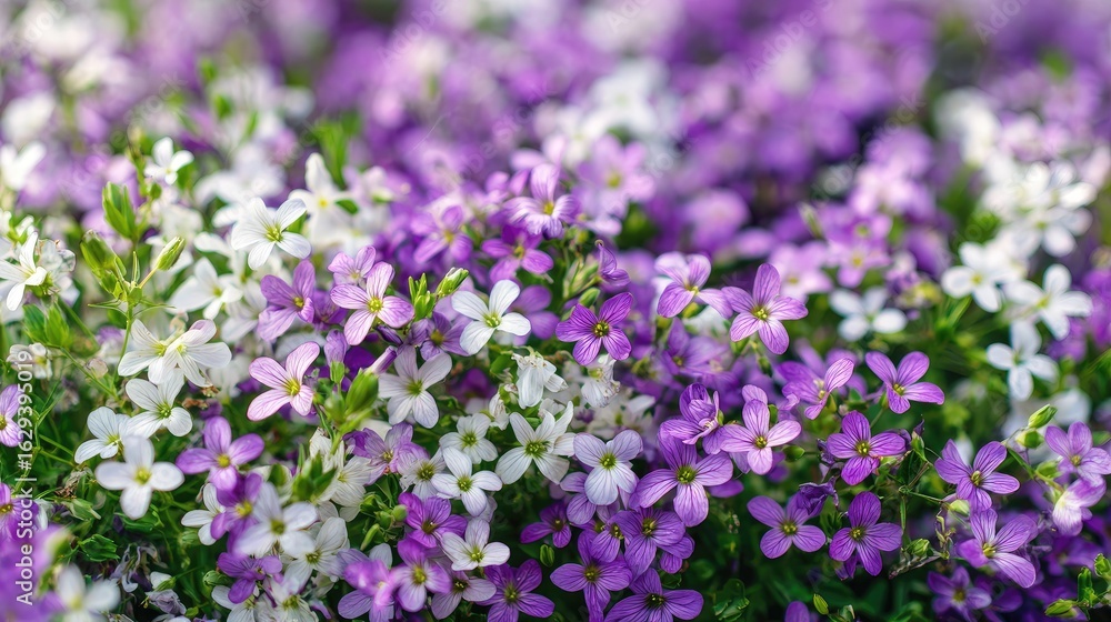 Close-up view of vibrant purple and white flowers. Close-up view of vibrant purple and white flowers.