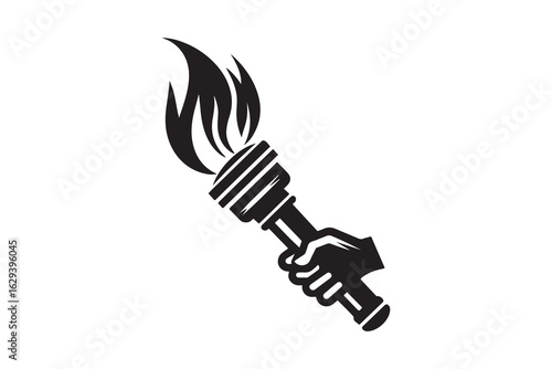 A sleek black torch with stylized flames is depicted on a pristine white background, ready for diverse uses.
