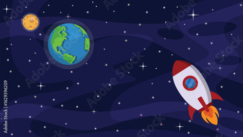 Space vector illustration background with with flying rocket, moon and earth. Web design. Space exploring. Vector illustration. 