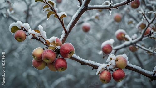 Snow covered apple tree branches laden with ripe apples in a winter scene with a blurred background