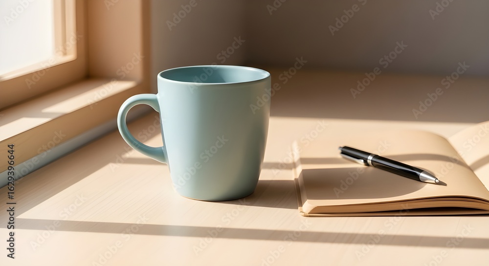 A light teal mug, a notebook, and a pen sit on a light beige surface near a window, bathed in sunlight. A light teal mug, a notebook, and a pen sit on a light beige surface near a window, bathed in sunlight.