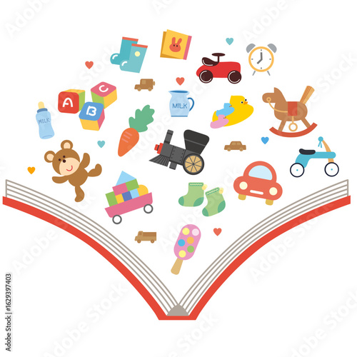 絵本から沢山の夢が飛び出すイラスト