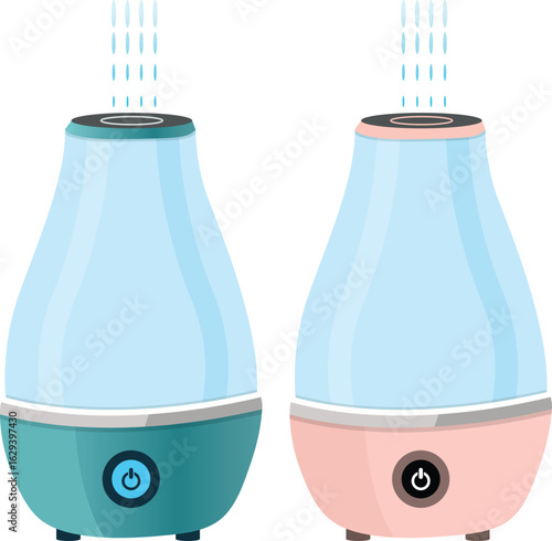 Humidifiers in Teal and Pink Modern Air Moisturizers for Health and Comfort Vector Design