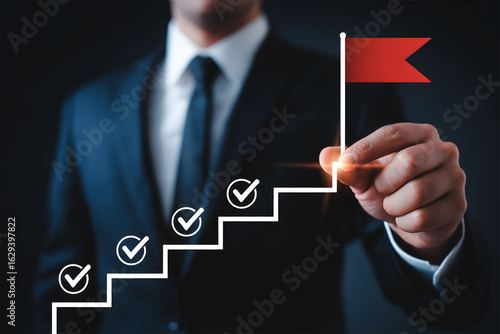 Business goal achievement concept. Man completing project milestones to reach the final target.