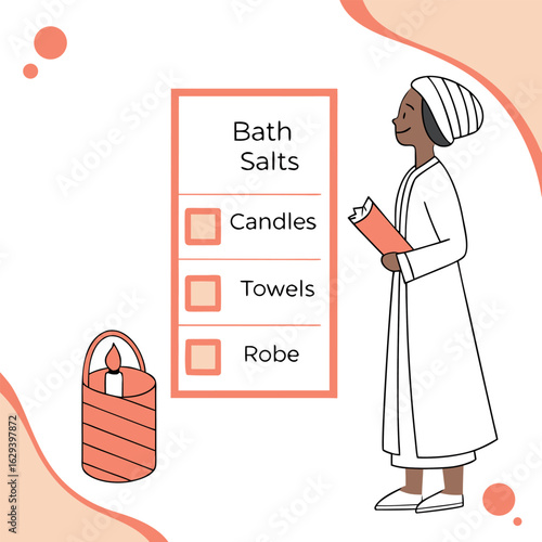 A person in a robe stands next to a checklist for bath items including bath salts candles towels and a robe with a lit candle nearby