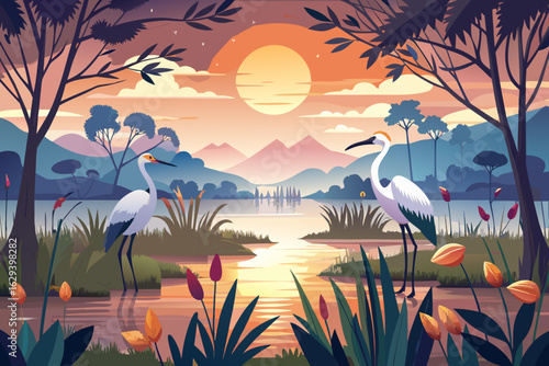 vector of Gentle sunrise: the white stork is looking for food in the misty wetlands.
