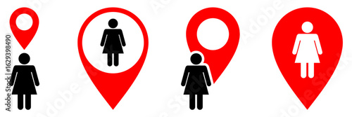 Female place location with pin map vector for women's facilities, services, and safe spaces. Ideal for illustrating female-centric venues, bathrooms, and social guides.