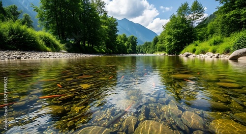 Crystal-clear river flows through a serene mountain valley, reflecting the lush greenery and sky.