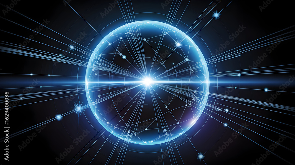 Fototapeta premium Abstract glowing blue oval energy sphere with radiating light beams and digital data streams on a dark background 2025, 2026, dwonload,