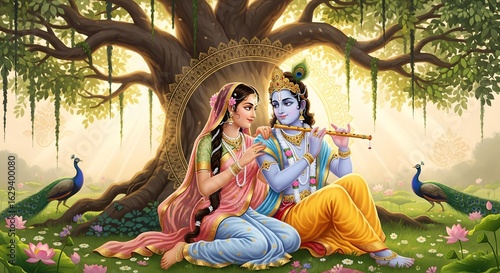 Divine couple radha and krishna sitting under a banyan tree playing flute