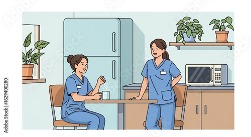 Two medical professionals in scrubs converse in a breakroom setting, taking a break.