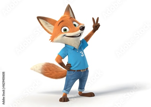 Friendly cartoon fox character wearing a blue shirt and jeans giving a peace sign