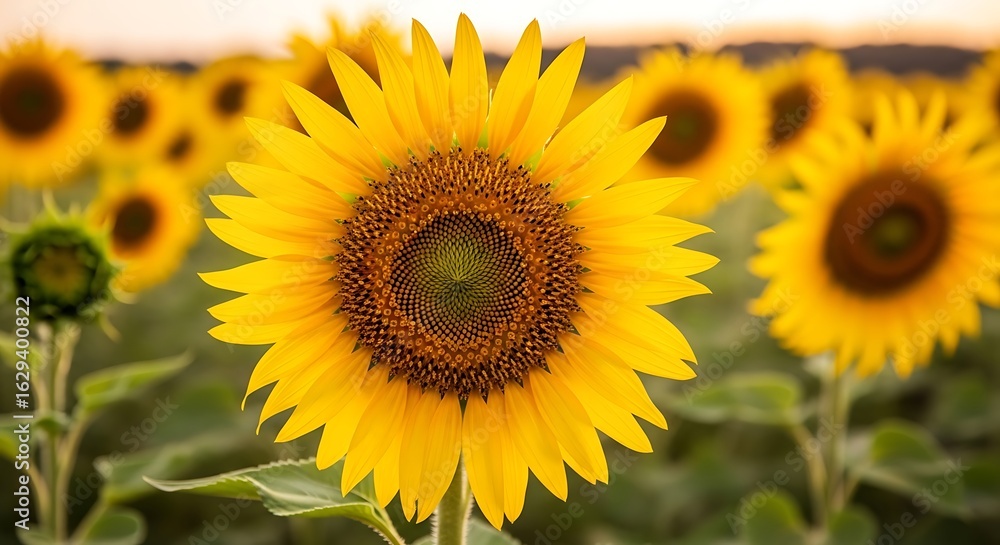 Obraz premium Vibrant sunflowers blooming in a field, illuminated by soft sunlight,creating a serene and