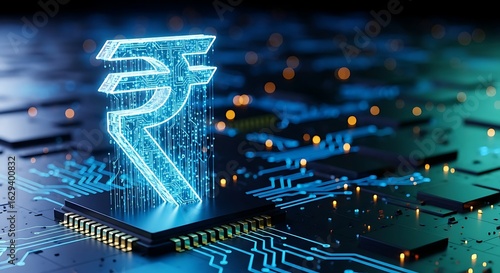 Digital indian rupee symbol glowing with blue neon light on a computer circuit board, representing financial technology and online transactions