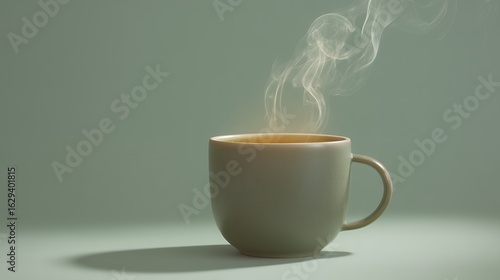 Warm Sage Green Ceramic Mug with Steam on Teal Background