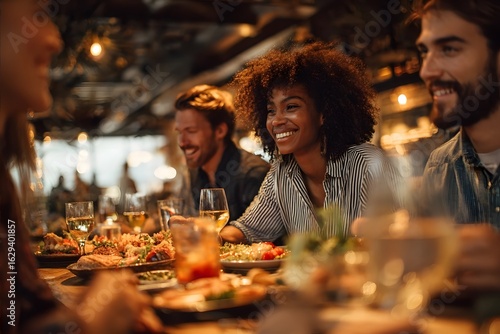 Happy group enjoying dinner in a cozy restaurant.