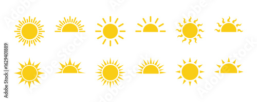 Yellow sun icon set. Sunrise or sunset vector sign. Full and half sun and sunlight icon. Hot solar energy for tan. Sun flat cartoon icon
