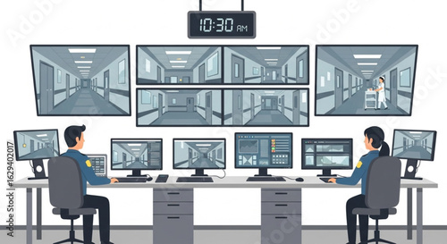 Security personnel monitor hospital hallways via a comprehensive CCTV system.